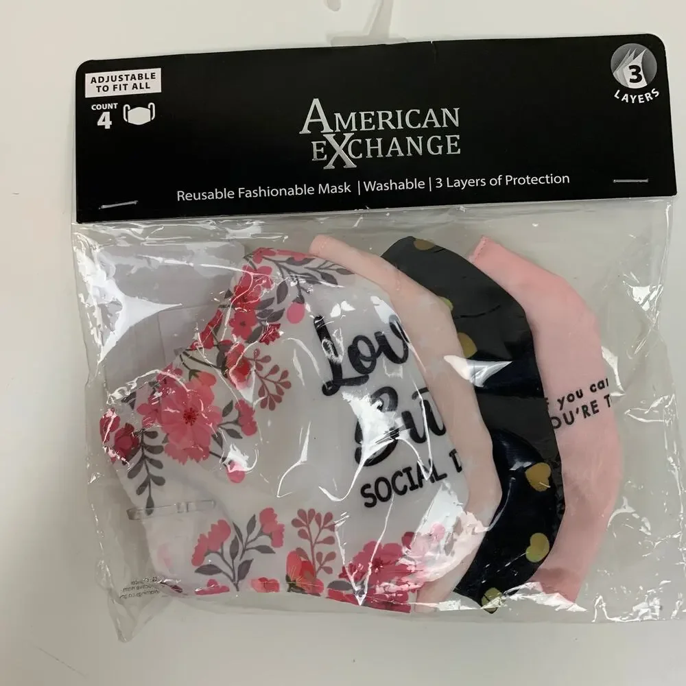 Social Graphic Print Adult Face Masks Pack of 4 Pink Black Gold Women NEW